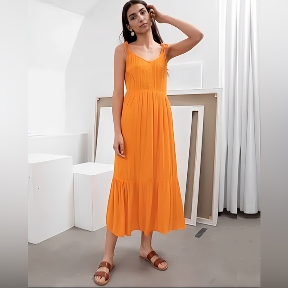 & Other Stories Paris Atelier Orange Viscose Midi Dress with Tie Straps US 8 - Picture 1 of 9